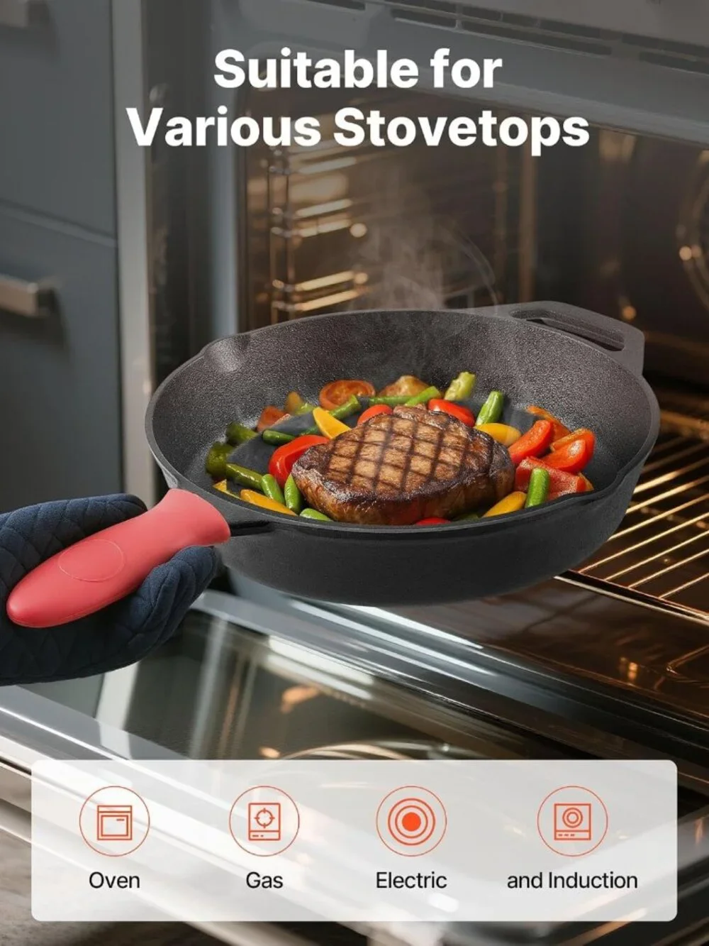4-Piece Cast Iron Skillet Set - Pre-Seasoned Frying Pans with Silicone Handles